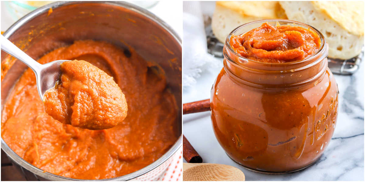 Side-by-side images of spiced pumpkin butter on a spoon in the saucepan and the finished spread in a jar.