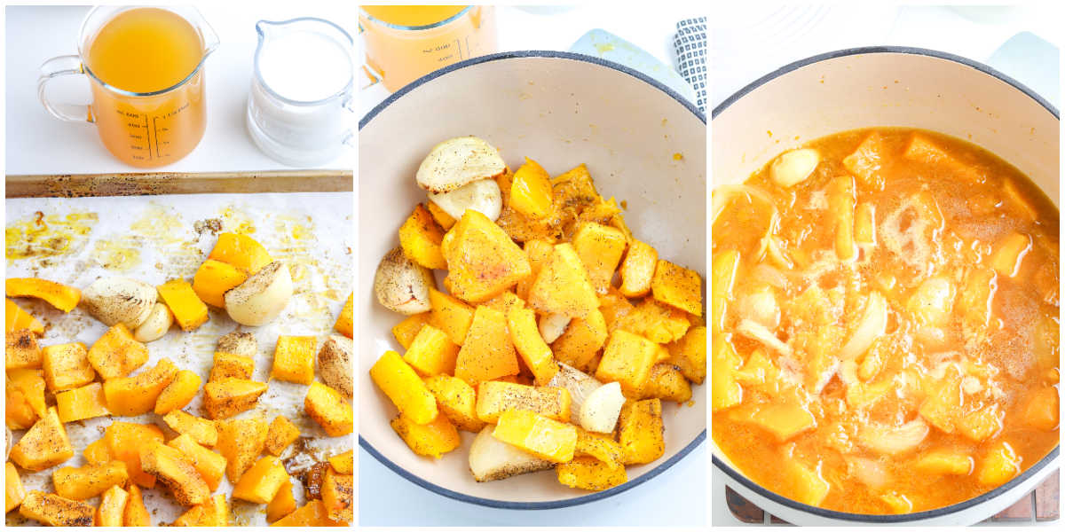 Cooking process for roasted pumpkin soup showing seasoned pumpkin and onions on a baking sheet, simmering in broth, and the soup in a Dutch oven.
