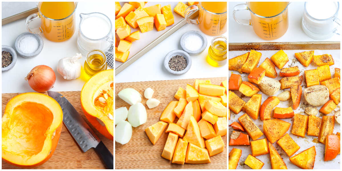 Ingredients for roasted pumpkin soup laid out on a board including sugar pumpkin, onion, garlic, olive oil, broth, and cream, plus chopped vegetables ready for roasting.
