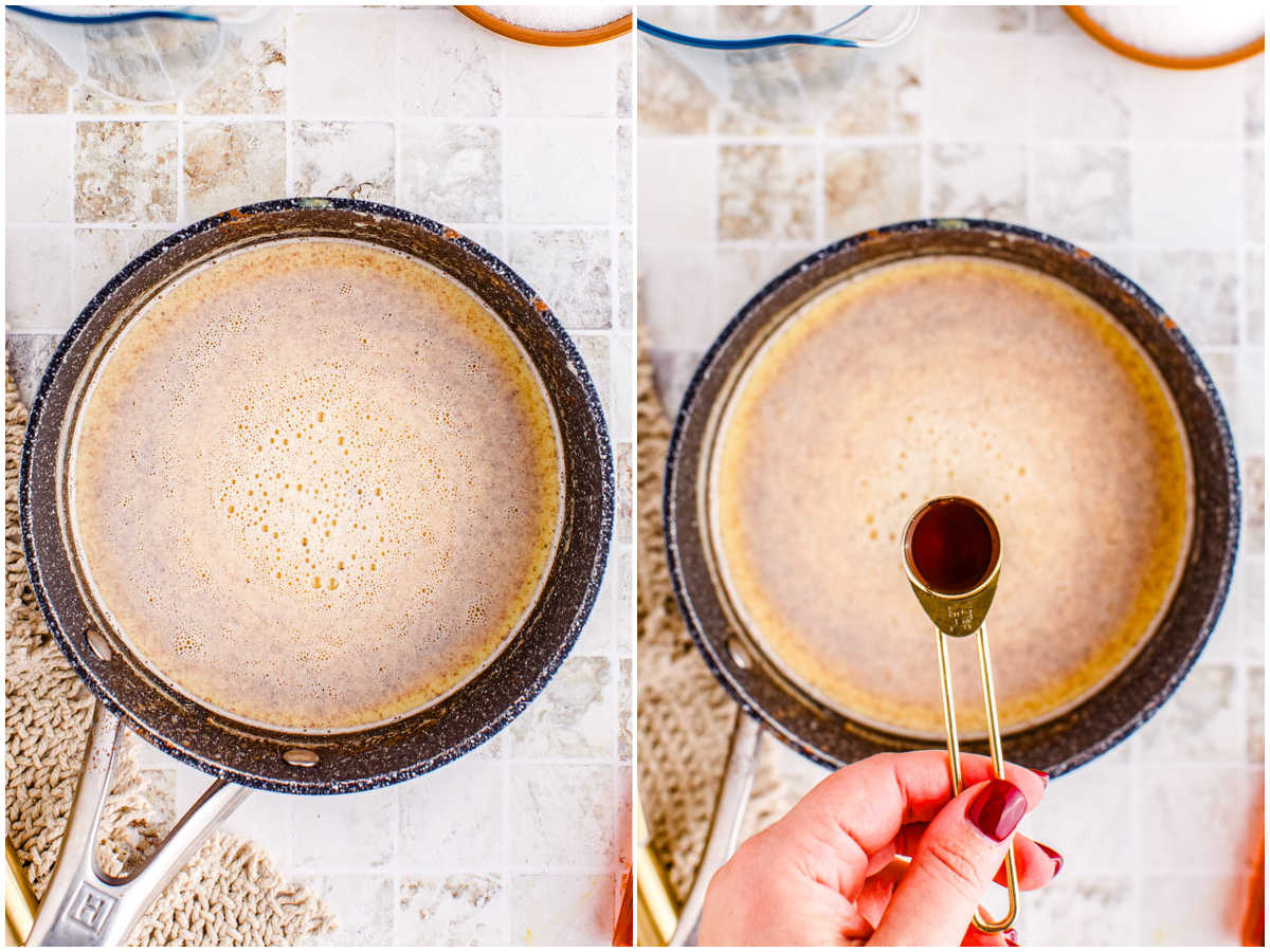 Two side-by-side images showing the cooked spiced custard base in a saucepan and a hand adding vanilla extract to finish the homemade eggnog.