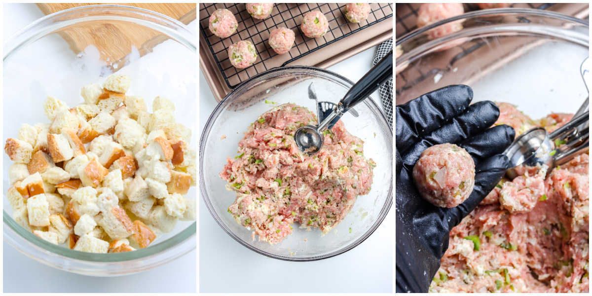 A picture collage od break soaking in milk, then mixed into the ground pork and finally formed into balls.