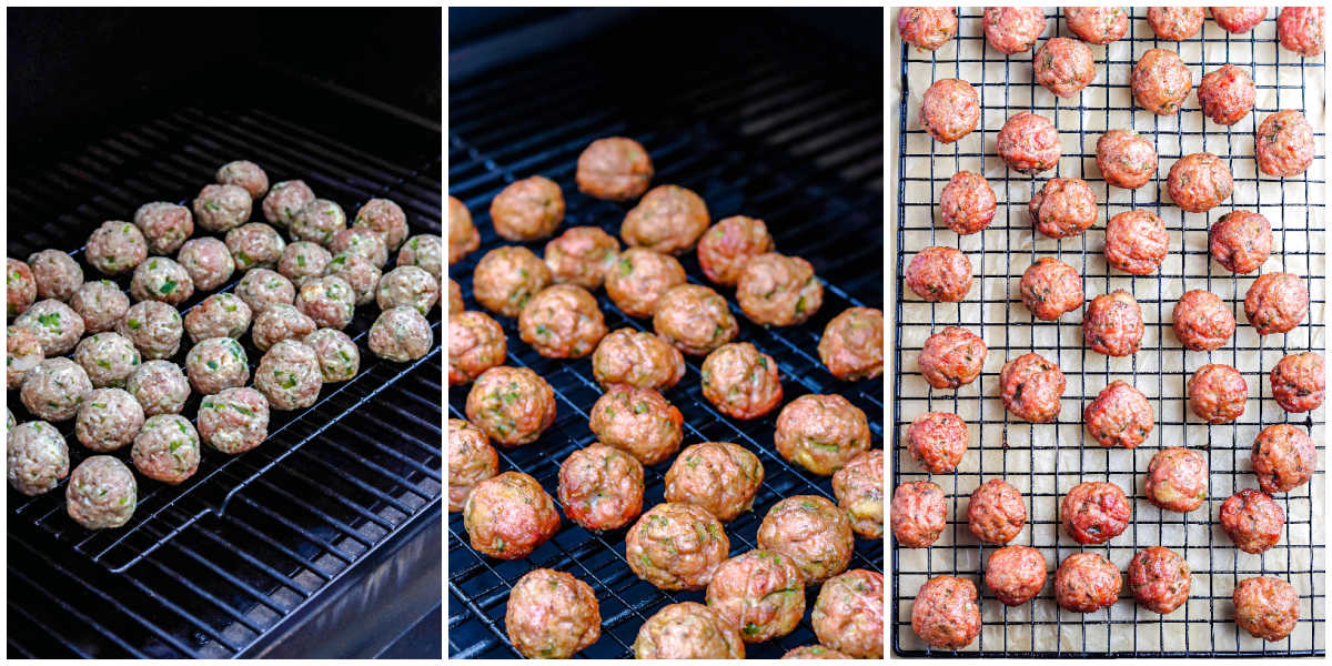A picture collage of the meatballs before and after smoking them.