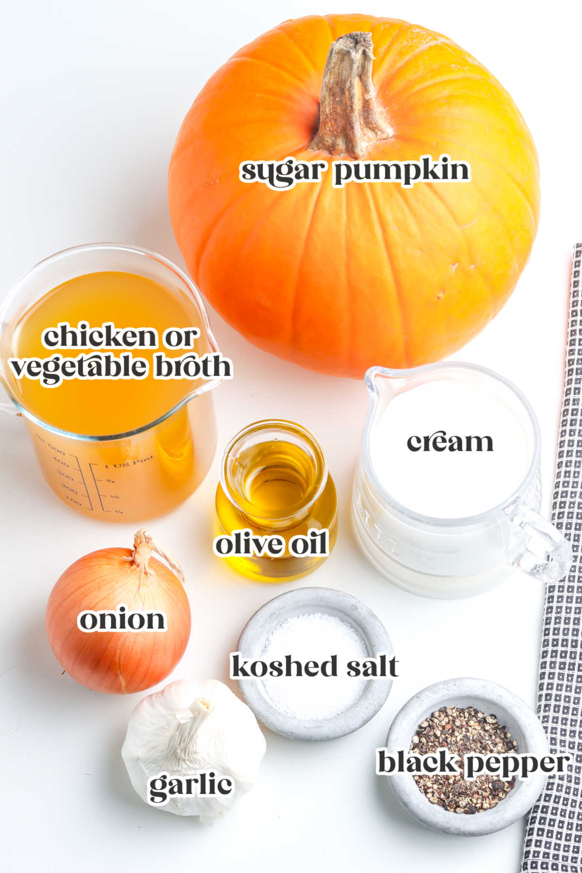 Overhead view of labeled ingredients for roasted pumpkin soup: sugar pumpkin, cream, olive oil, onion, garlic, kosher salt, black pepper, and broth.