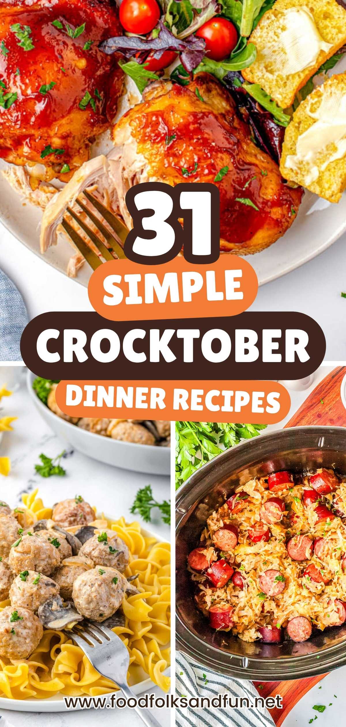 Collage of Crocktober recipes including BBQ chicken with salad, creamy meatball stroganoff over egg noodles, and slow cooker sausage with peppers and sauerkraut.