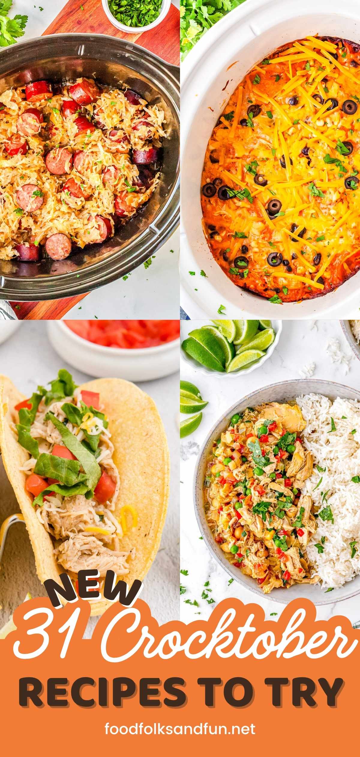 Four Crocktober recipes: slow cooker sausage and sauerkraut, cheesy chicken enchilada casserole, shredded chicken tacos, and chicken curry served with rice.