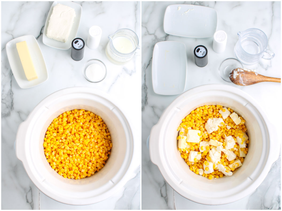 Step-by-step photo showing corn added to a slow cooker, followed by cubed butter and cream cheese before cooking.