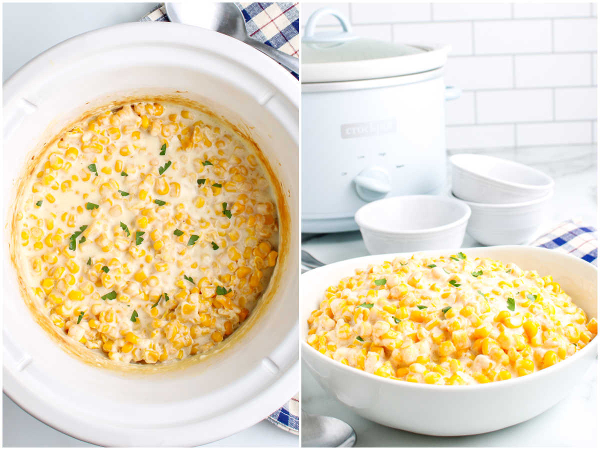 Side-by-side images of cooked creamed corn in a crockpot garnished with parsley and the finished dish served in a bowl beside the slow cooker.