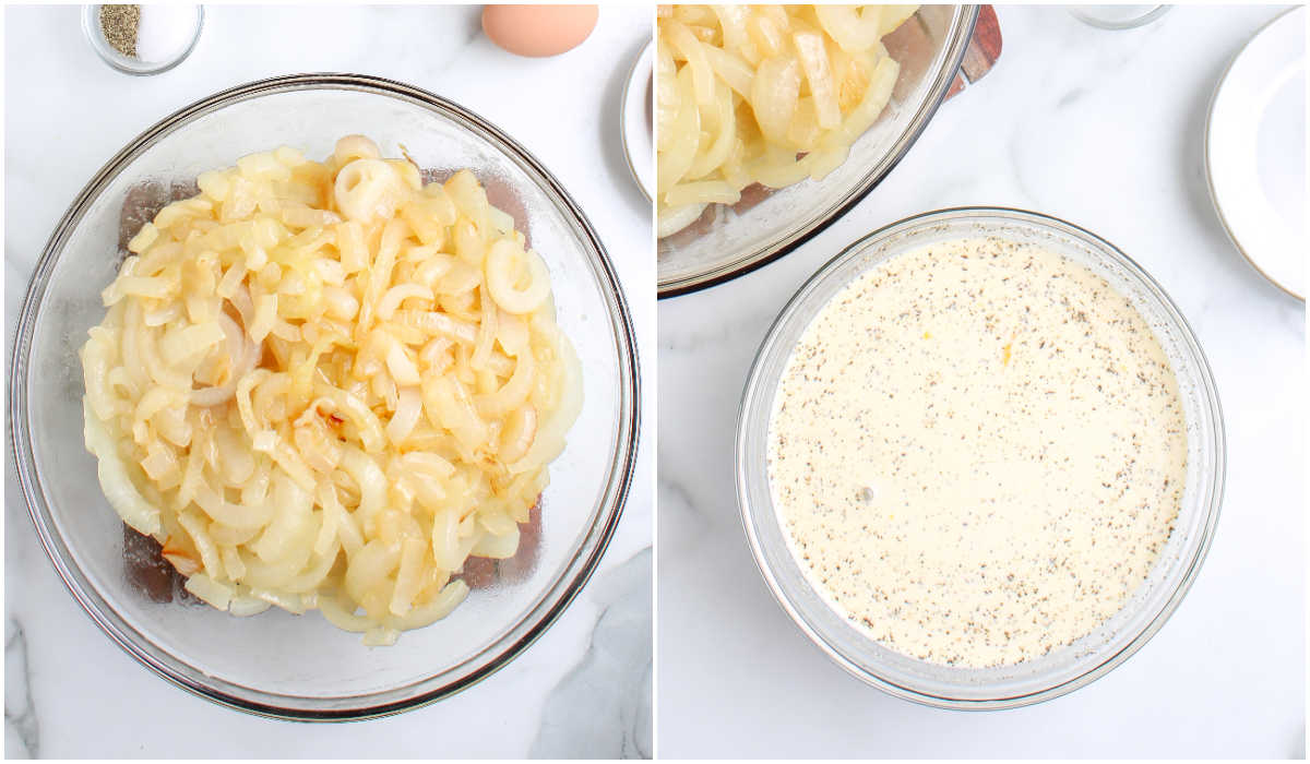 Side-by-side bowls showing sautéed sweet onions and whisked egg mixture with half-and-half, salt, and pepper for onion casserole.