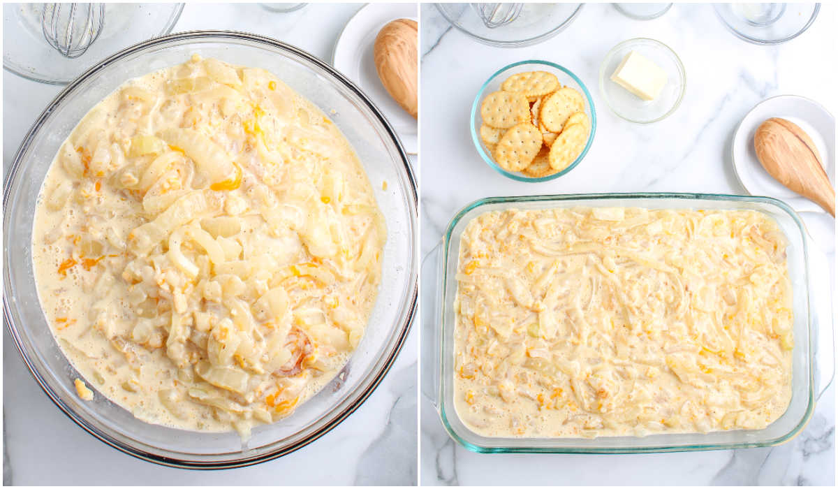 Mixing bowl of creamy onion casserole filling and a glass baking dish filled with the mixture, ready for buttery cracker topping.