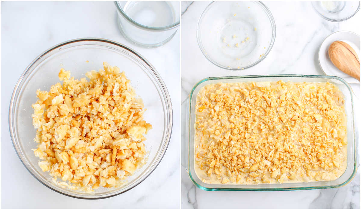 Bowl of crushed buttery crackers mixed with melted butter and casserole topped with crumb mixture before baking.