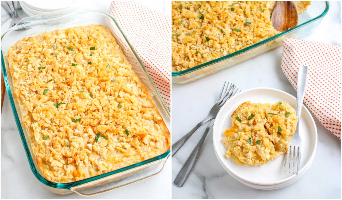 Overhead collage of baked cheesy onion casserole with golden topping and a plated serving ready to eat.