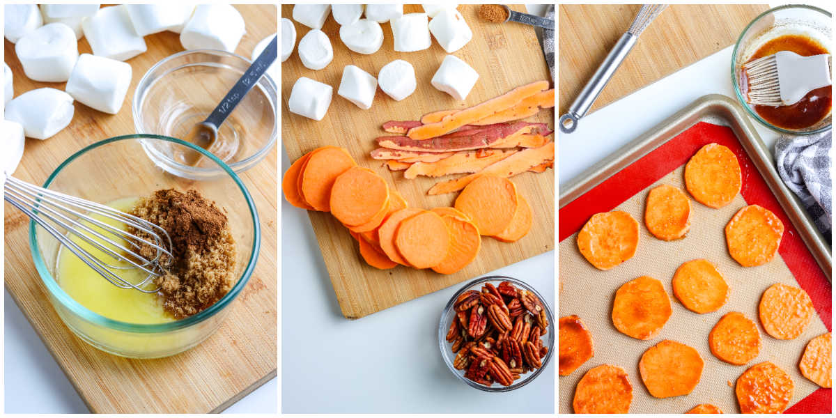 Step-by-step collage showing how to make sweet potato bites with brown sugar cinnamon glaze, sliced sweet potatoes, marshmallows, and pecans ready for baking.