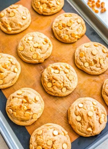 Freshly baked butterscotch cookies on a lined baking sheet with golden tops and visible butterscotch chips.
