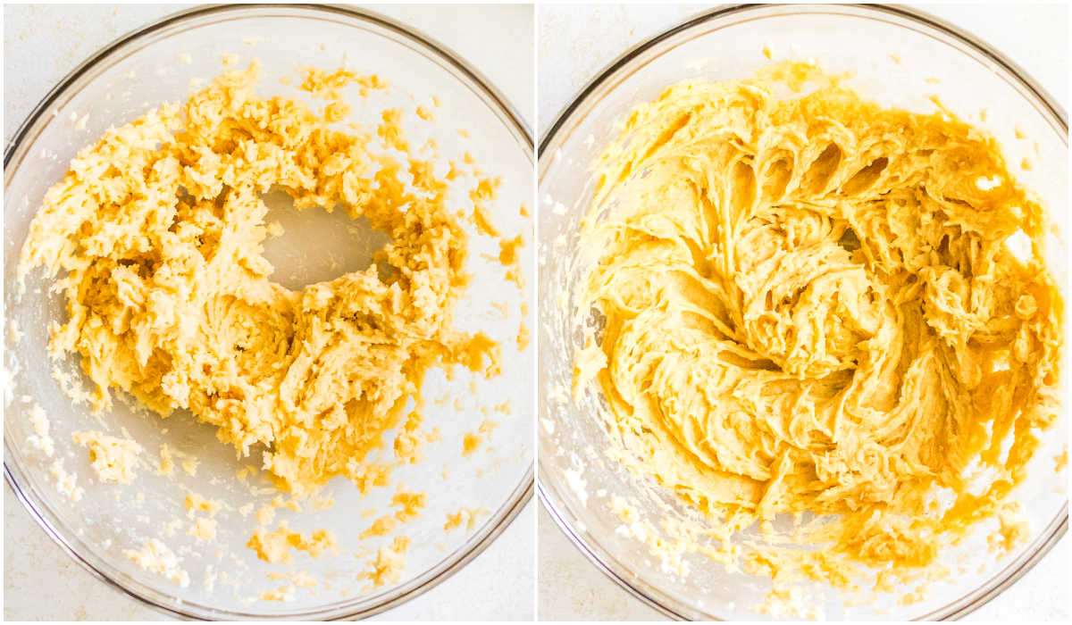 Side by side images showing butter and sugar partially creamed in a mixing bowl, followed by a fully creamed smooth mixture.