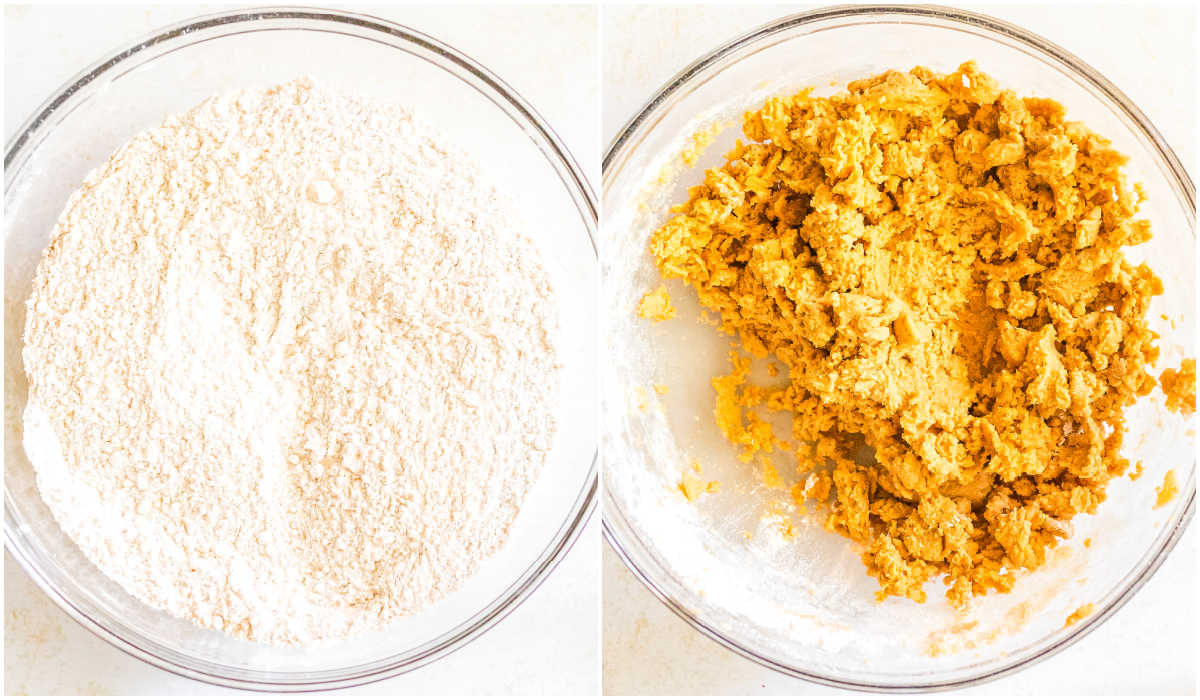 Side by side images showing the bowl of combined dry ingredients and the thick dough after mixing them into the wet ingredients.