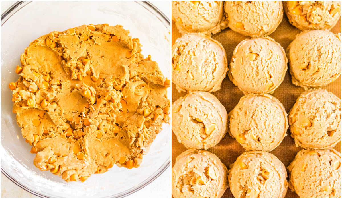 Side by side images of finished cookie dough studded with butterscotch chips and scooped cookie dough balls arranged on a baking sheet.