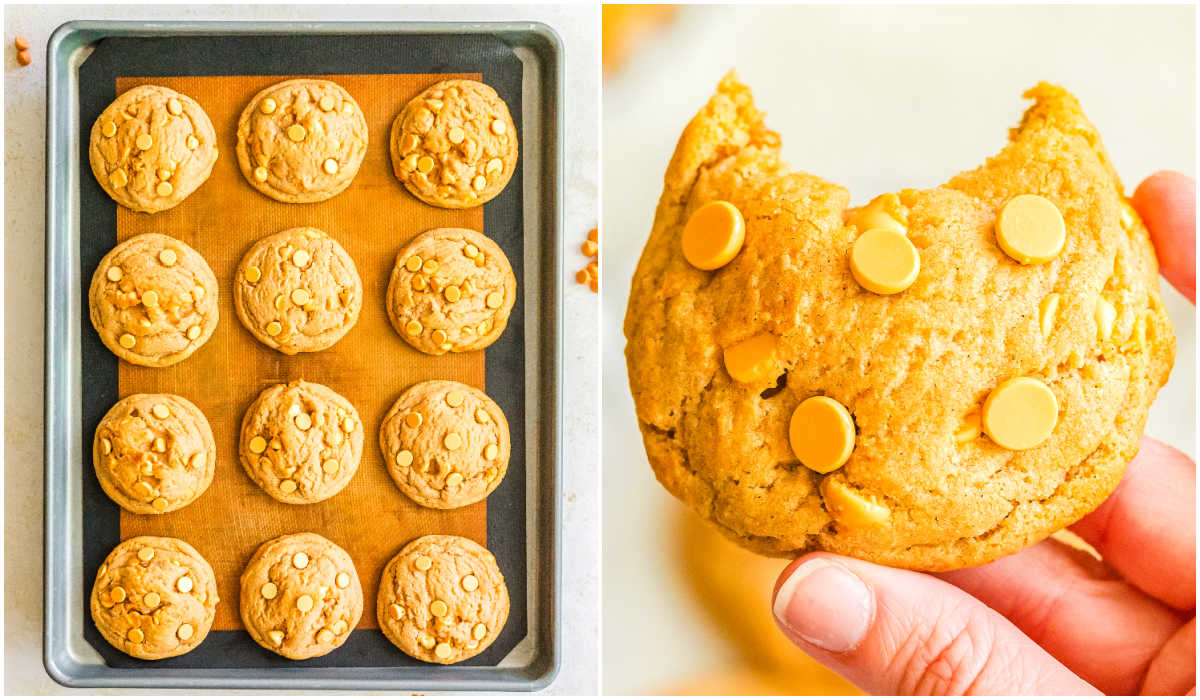 Left image shows a full tray of freshly baked butterscotch cookies. Right image shows a hand holding a cookie with a bite taken out, revealing a soft chewy center.