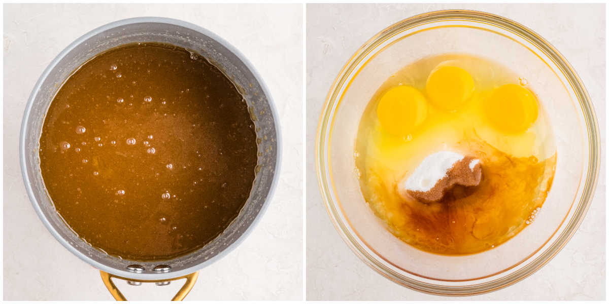 Two panel image showing melted butter and brown sugar mixture in a saucepan and a mixing bowl filled with eggs, sugar, and vanilla before mixing.