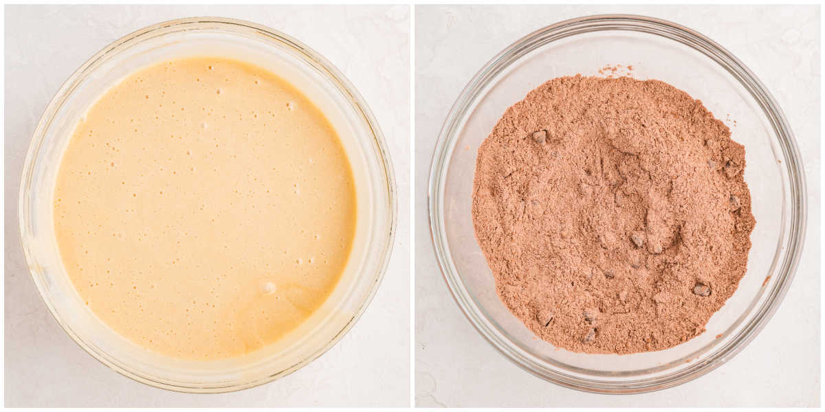 Two panel image with a bowl of whipped wet ingredients and a bowl of cocoa powder, flour, and chocolate chips mixed together.