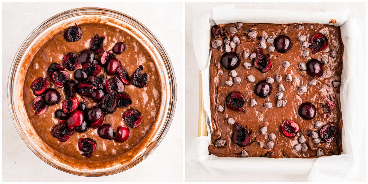 Two panel image showing brownie batter topped with halved cherries in a mixing bowl and the batter spread into a parchment lined pan with extra cherries and chocolate chips on top.
