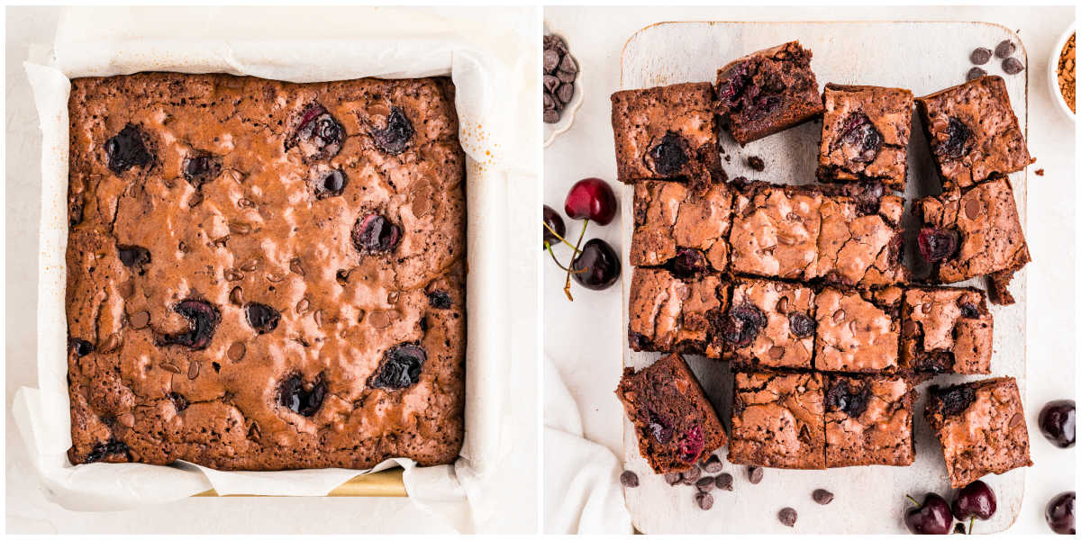 Two panel image of freshly baked cherry brownies in an eight by eight inch pan and the brownies cut into squares and arranged for serving.