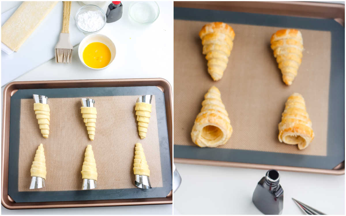 Step-by-step collage showing puff pastry cream horns wrapped around molds before baking and baked golden shells cooling on a baking sheet.