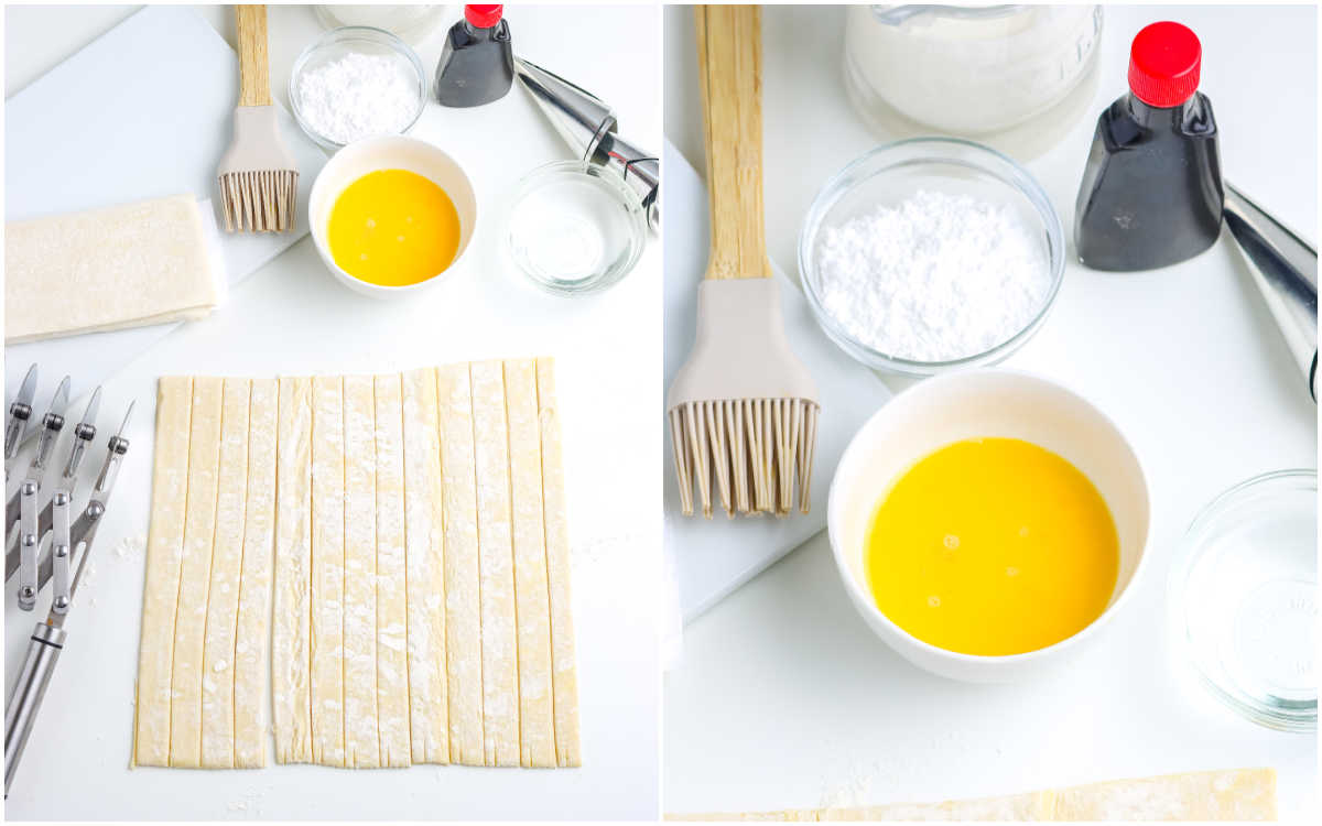 Cut puff pastry strips on a white board with bowls of egg wash, powdered sugar, and vanilla extract ready for assembling Italian cream horns.