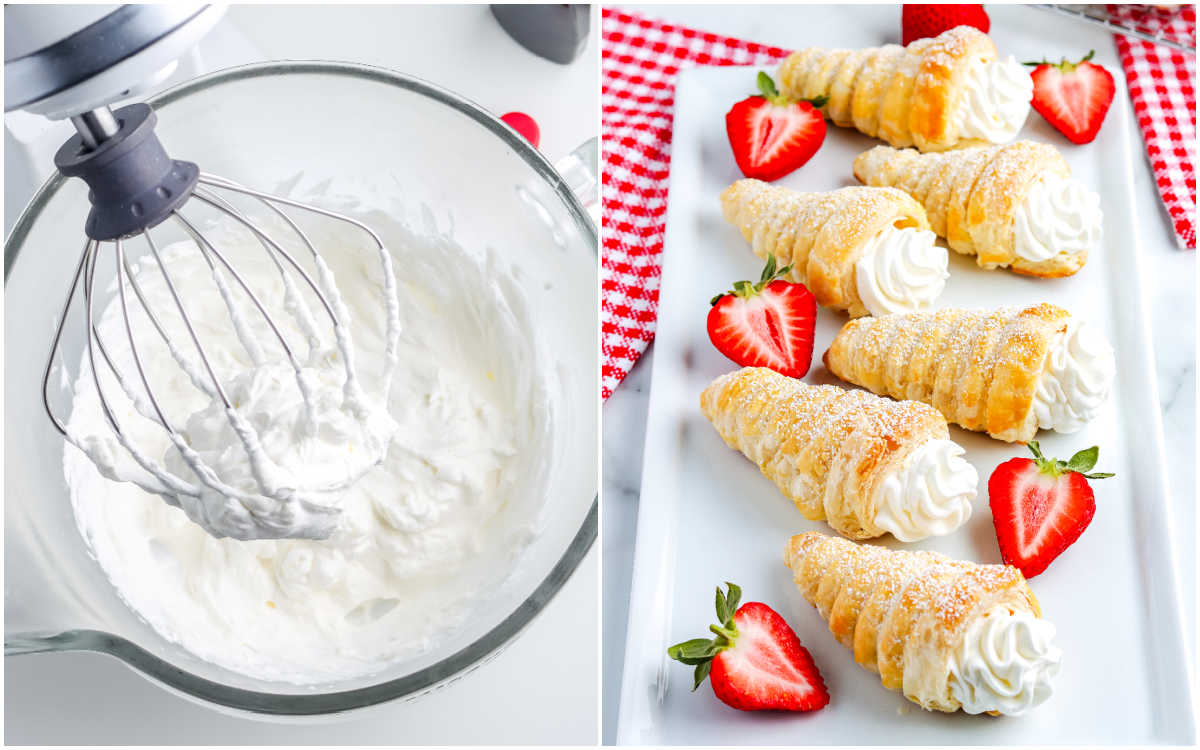Collage showing whipped cream being prepared in a mixer bowl and finished puff pastry cream horns arranged on a platter with strawberries.