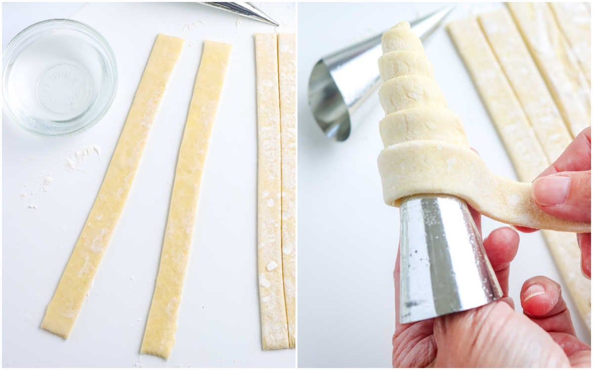 Close-up process image showing puff pastry strips and how to wrap them around cream horn molds before baking.