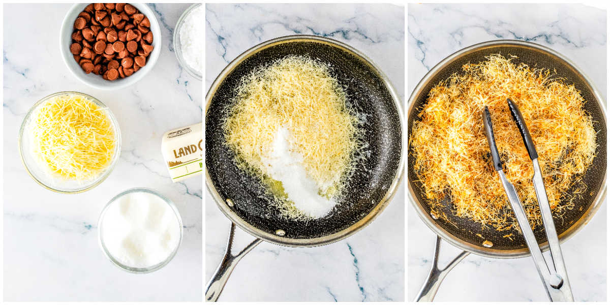 A collage showing how to make the crunch layer: raw kataifi pastry ingredients, toasting the pastry with butter and sugar in a skillet, and the final golden brown toasted kataifi.