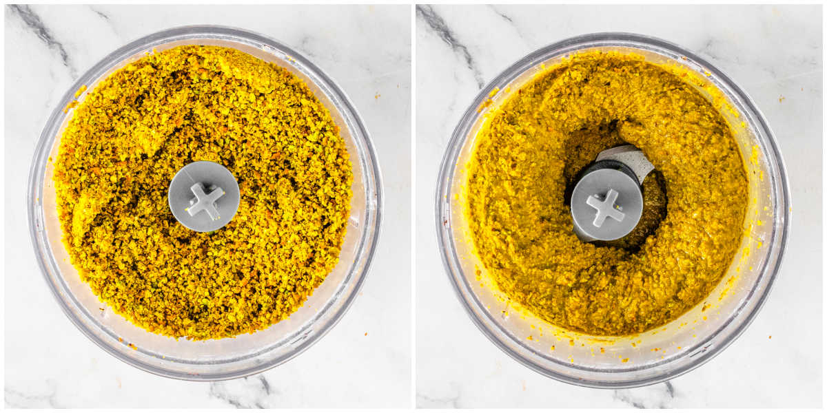 A split image showing shelled pistachios being ground into a powder in a food processor, and then processed into a thick, creamy pistachio butter.