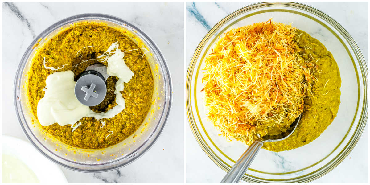A split image showing melted white chocolate being added to the pistachio paste, and the toasted kataifi pastry being folded into the green pistachio filling.