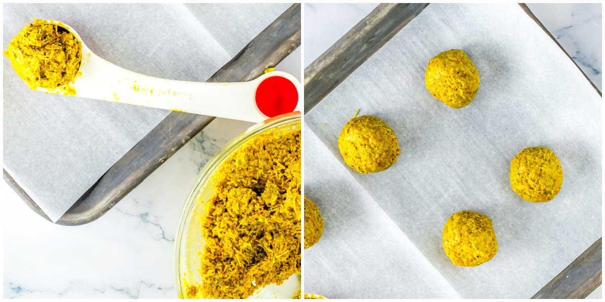 A collage showing the thick pistachio filling being scooped with a cookie scoop and rolled into smooth green balls on a parchment-lined baking sheet.