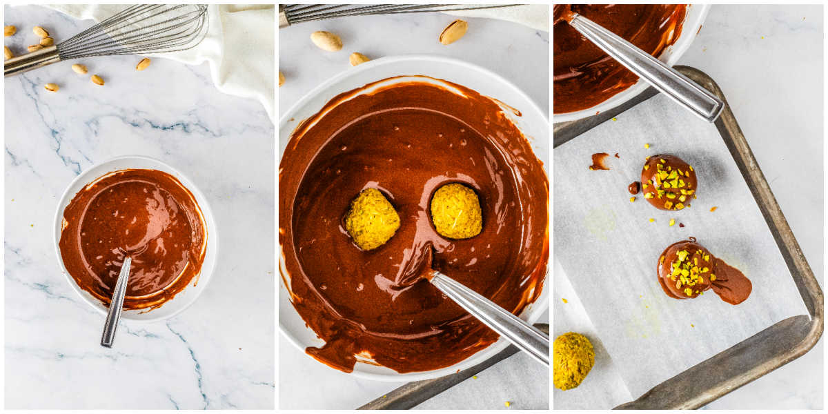 A collage showing the dipping process: a bowl of melted chocolate, a pistachio ball being dipped, and finished chocolate truffles setting on a tray.