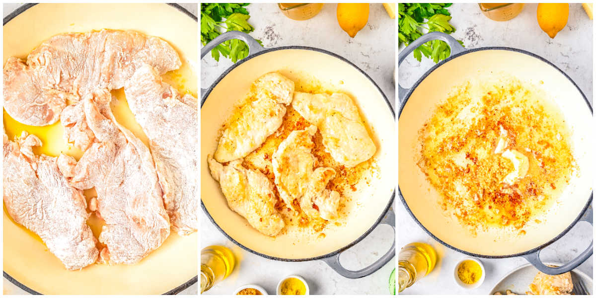 Chicken cutlets dredged in flour cooking in olive oil in a skillet. Chicken cutlets browning in a skillet before making the sauce. Skillet with butter and seasonings after cooking chicken cutlets