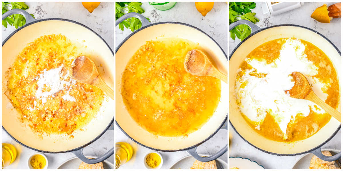 Flour added to butter and seasonings in skillet to start the sauce. Chicken stock being stirred into skillet to form lemon cream sauce base. Heavy cream added to skillet to create creamy lemon sauce.