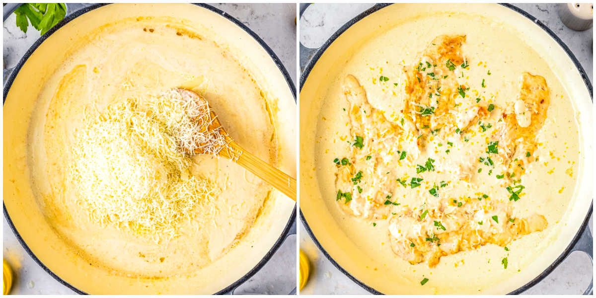 Parmesan cheese melting into creamy lemon sauce in skillet. Chicken cutlets returned to skillet and coated in creamy lemon parmesan sauce.