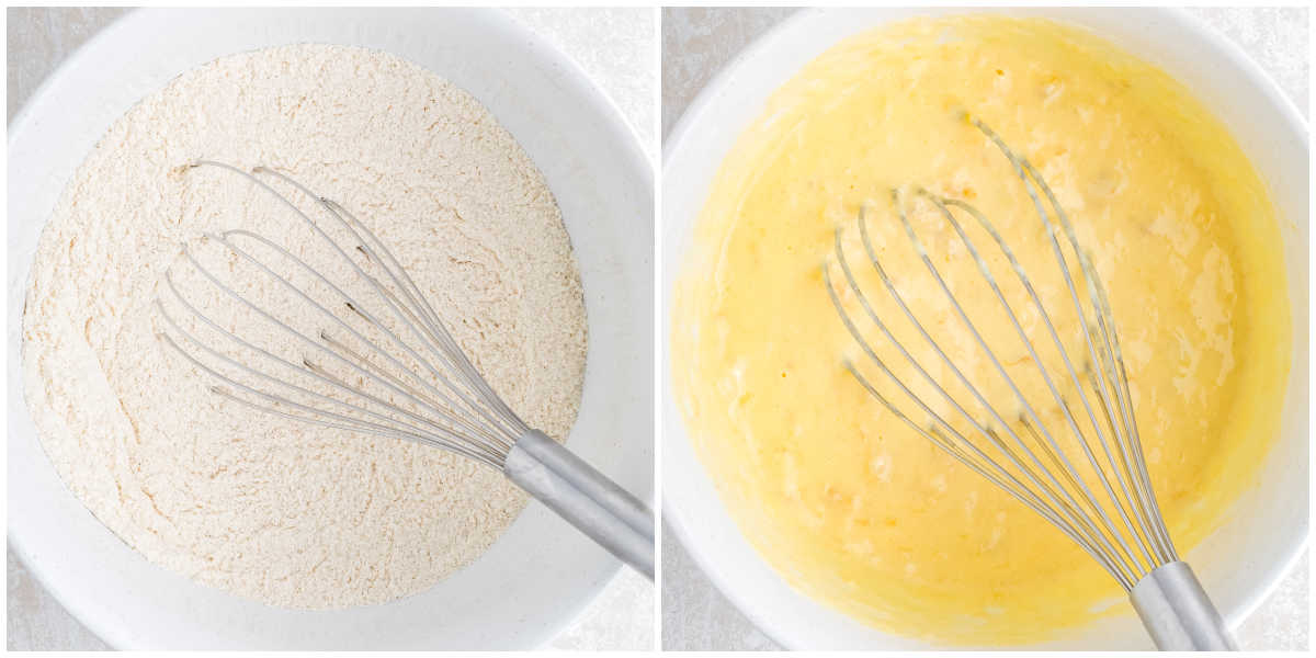 Dry and wet ingredients being whisked separately for chocolate chunk banana muffins batter.