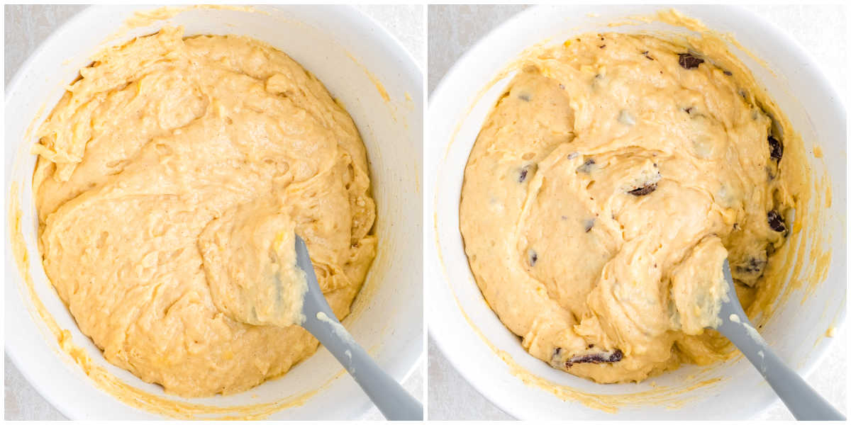 Chocolate chunk banana muffins batter before and after folding in chocolate chunks.