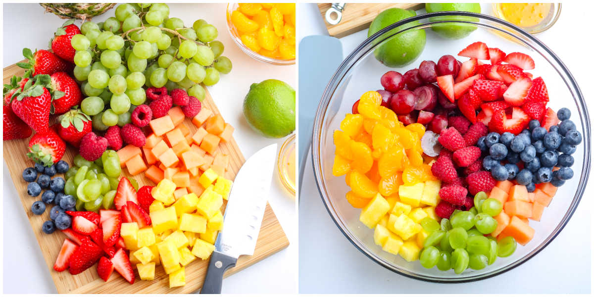 Fresh fruit chopped and arranged on a cutting board with grapes, strawberries, pineapple, and cantaloupe next to a mixing bowl.