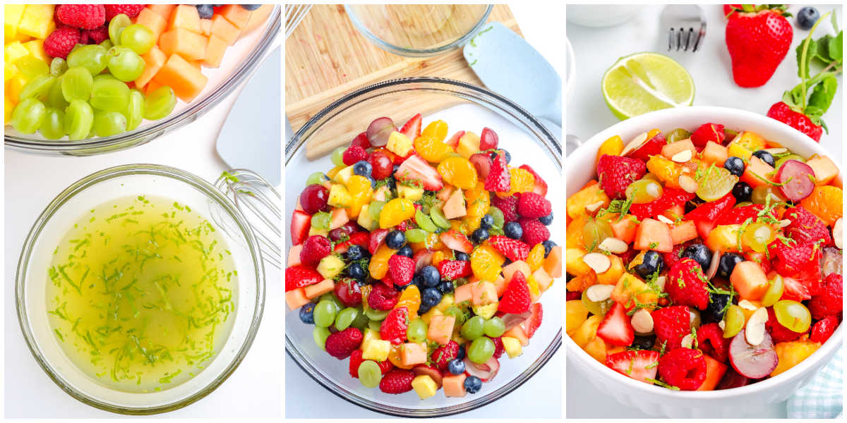 Step by step fruit salad process showing lime honey dressing, mixed fruit in a bowl, and finished salad topped with almonds and zest.