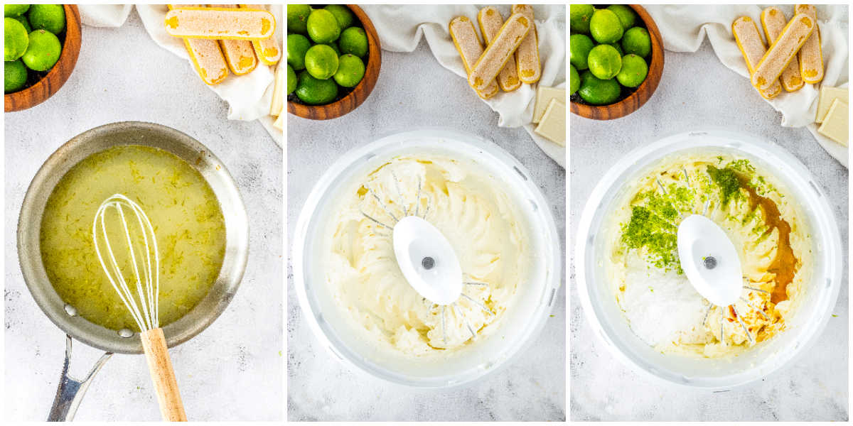 Lime syrup warming in a saucepan with fresh zest and a whisk. Mascarpone and cream cheese blended until smooth and creamy. Lime zest, sugar, and vanilla added to the mascarpone mixture.