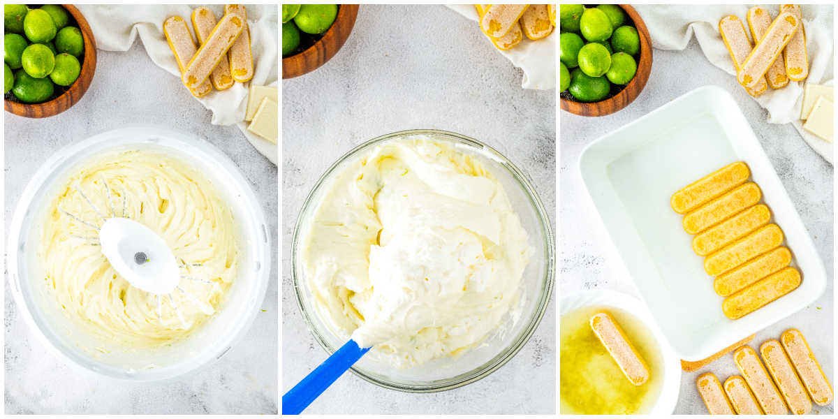 Cream mixture whipped until thick and fully combined. Light mascarpone cream after folding in whipped cream. Ladyfingers quickly dipped in lime syrup before layering.