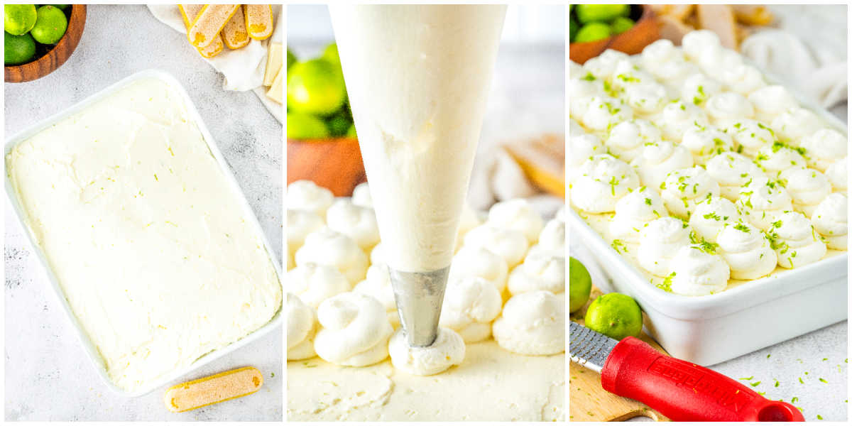 Whipped cream piped across the chilled tiramisu surface. Finished key lime tiramisu topped with zest and white chocolate.