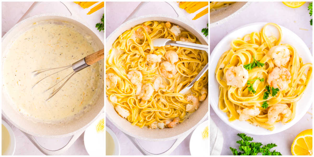 Step by step collage of creamy shrimp pasta sauce, shrimp and fettuccine tossed together, and plated garlic Parmesan shrimp pasta.