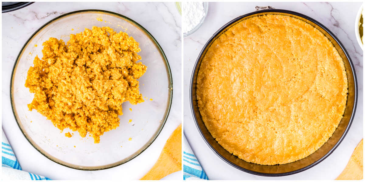 Golden cookie crust mixture in a glass bowl next to pressed crust inside a springform pan.