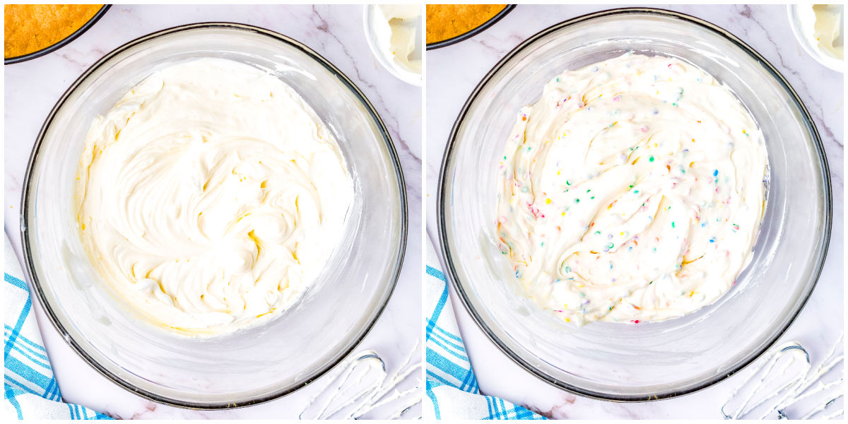 Cheesecake filling being mixed in a glass bowl before and after rainbow sprinkles are folded in.