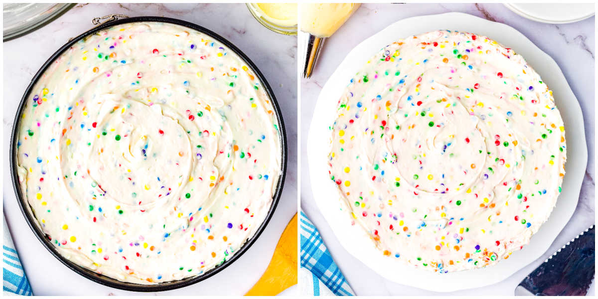 No bake funfetti cheesecake filling spread into the springform pan before chilling and after removing from the pan.