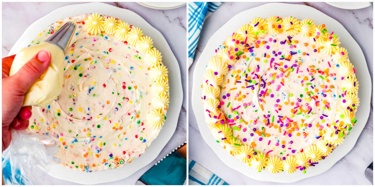 Piping vanilla icing around the edge of a chilled funfetti cheesecake before adding rainbow sprinkles.