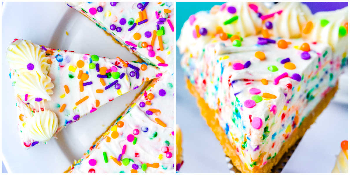 Overhead and close-up views of sliced no-bake funfetti cheesecake topped with rainbow sprinkles and vanilla icing swirls.